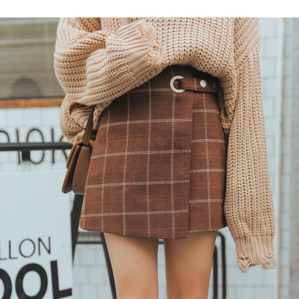 brown plaid asymmetrical mini skirt